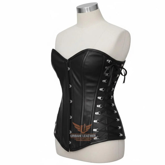Handcrafted Women's Genuine Leather Overbust Corset Black Heavy-Duty Steel Boned Waist Trainer