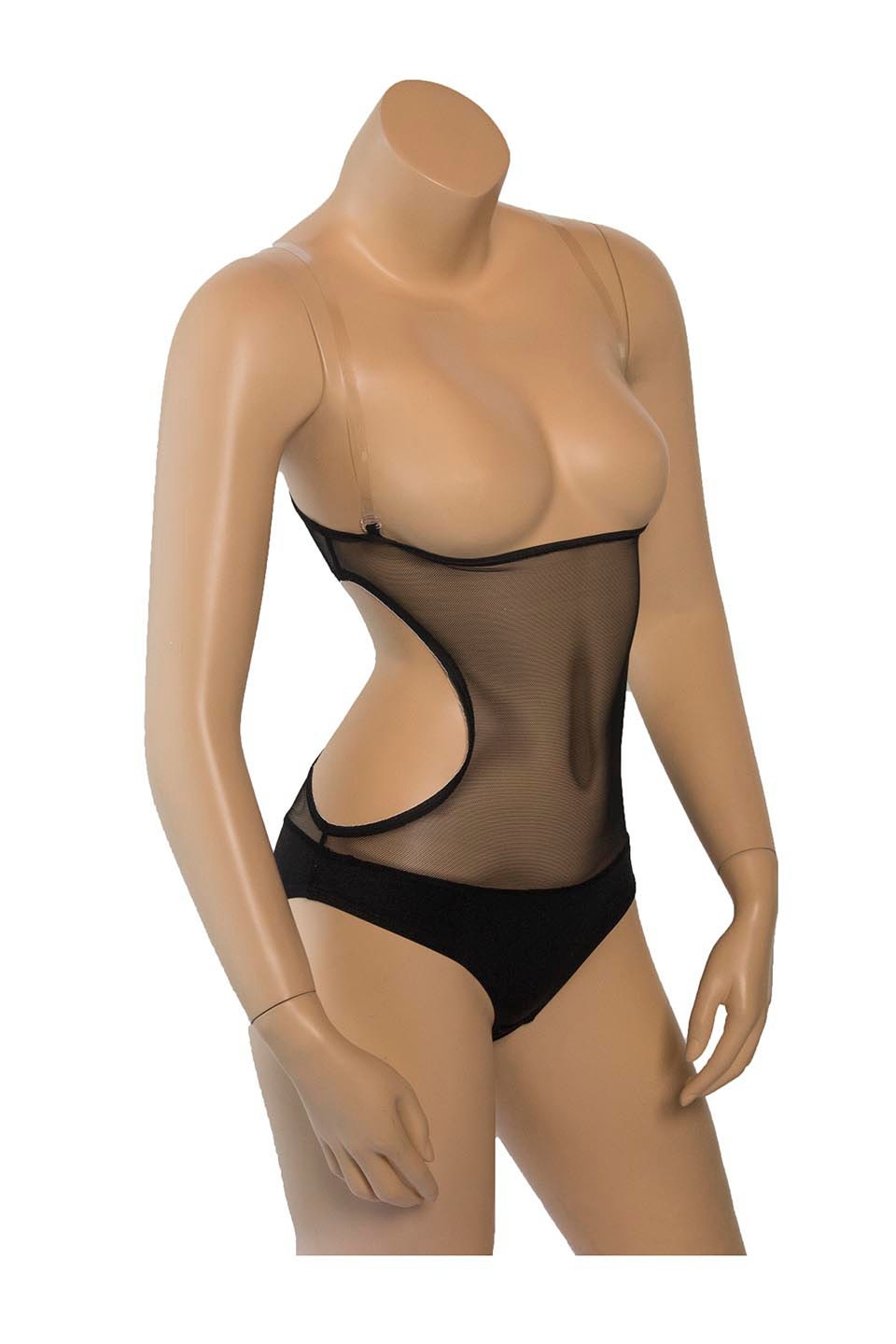Under Bust Cut Out in Plain Black 4 way Stretch Mesh Belly Body Stocking