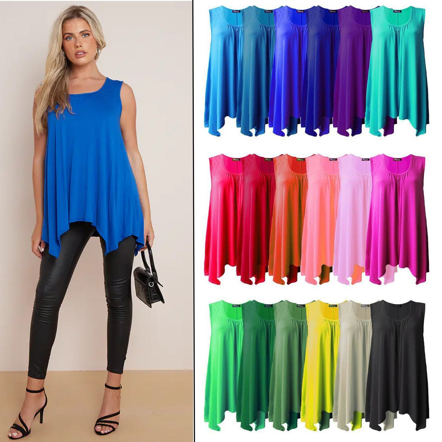 Womens Ladies Ruched Gathering Slouch Fit Hanky Hem Vest Flared Swing Long Top