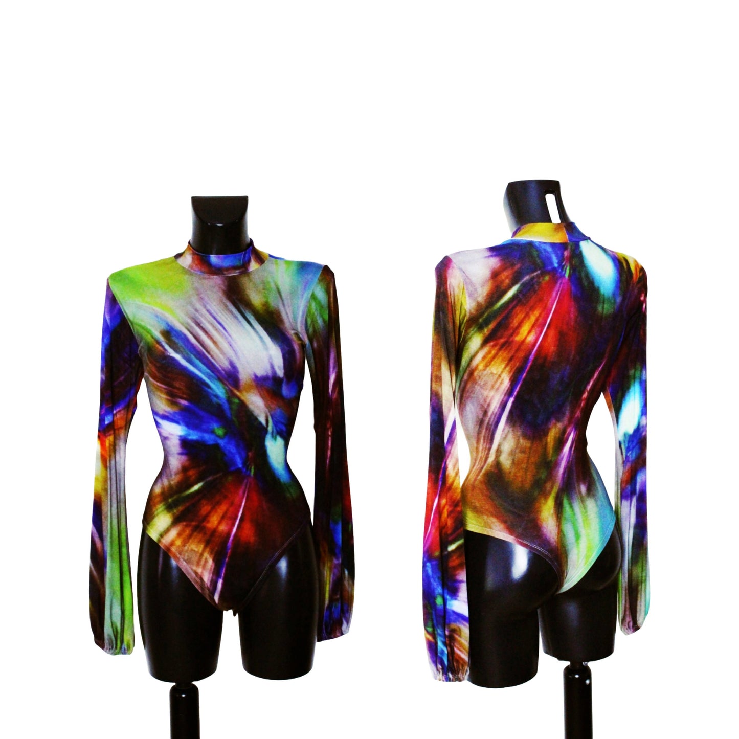 Women's Multi Coloured Splash Effect Bell Sleeve Turtle Neck Bodysuit