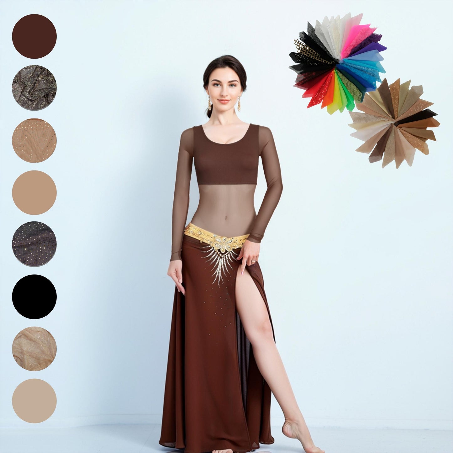 Bodysuit with sleeves Belly Dance Body Stocking Costume Arms Back Midriff Cover Power Mesh Colour Skin Tone Sparkles Size XS - XXL