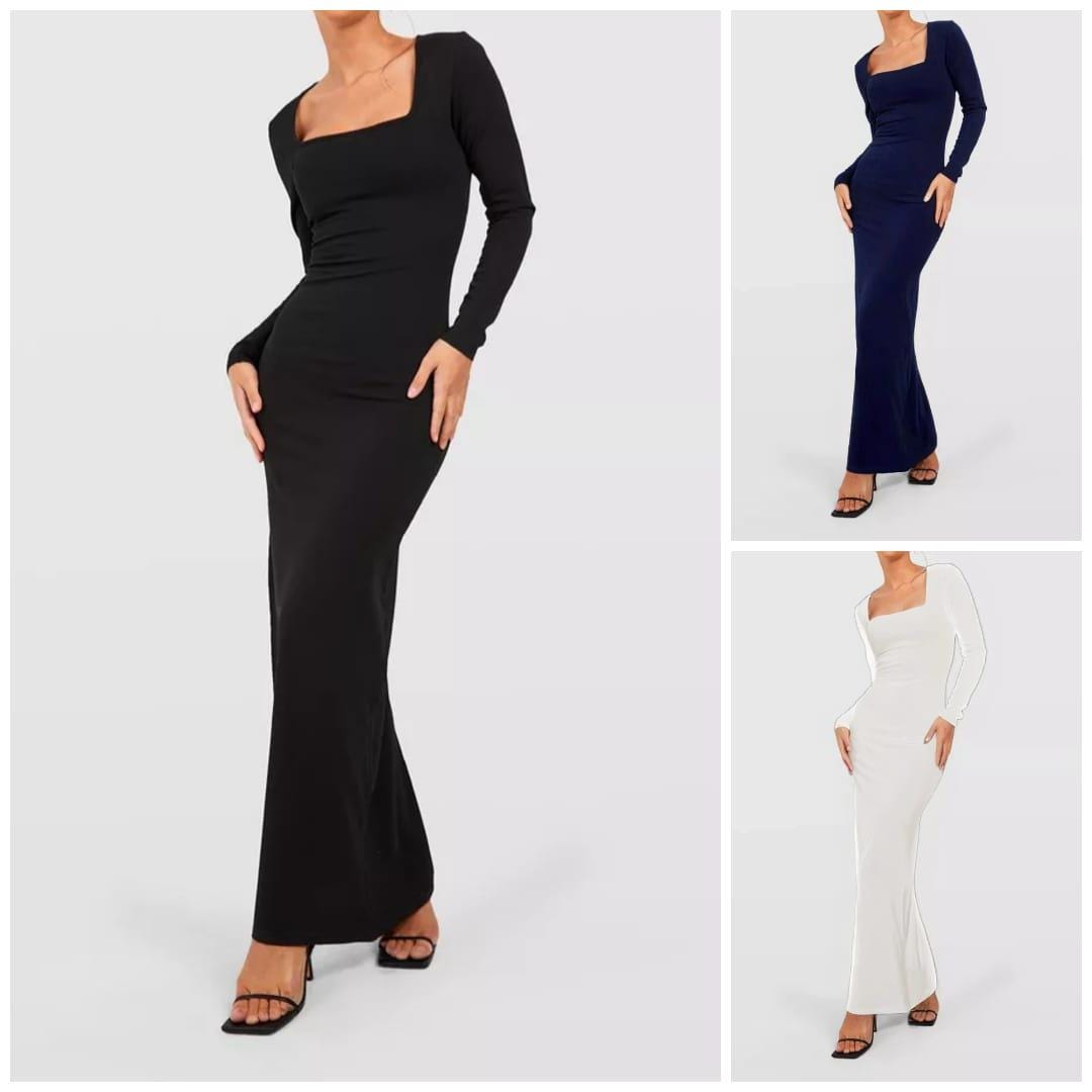 Womans Ladies Long Sleeve Square Neck Slimming Maxi Dress UK 8-26