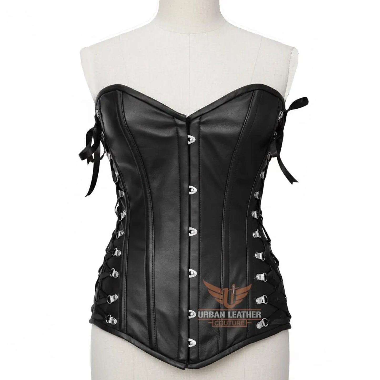 Handcrafted Women's Genuine Leather Overbust Corset Black Heavy-Duty Steel Boned Waist Trainer