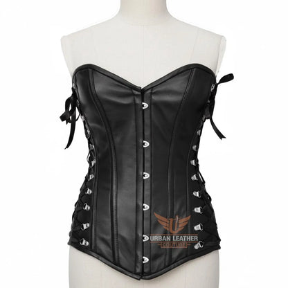 Handcrafted Women's Genuine Leather Overbust Corset Black Heavy-Duty Steel Boned Waist Trainer