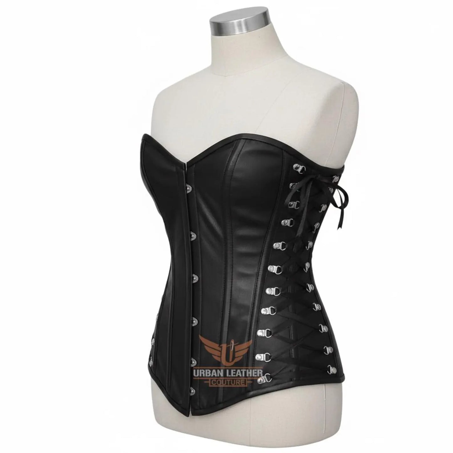 Handcrafted Women's Genuine Leather Overbust Corset Black Heavy-Duty Steel Boned Waist Trainer