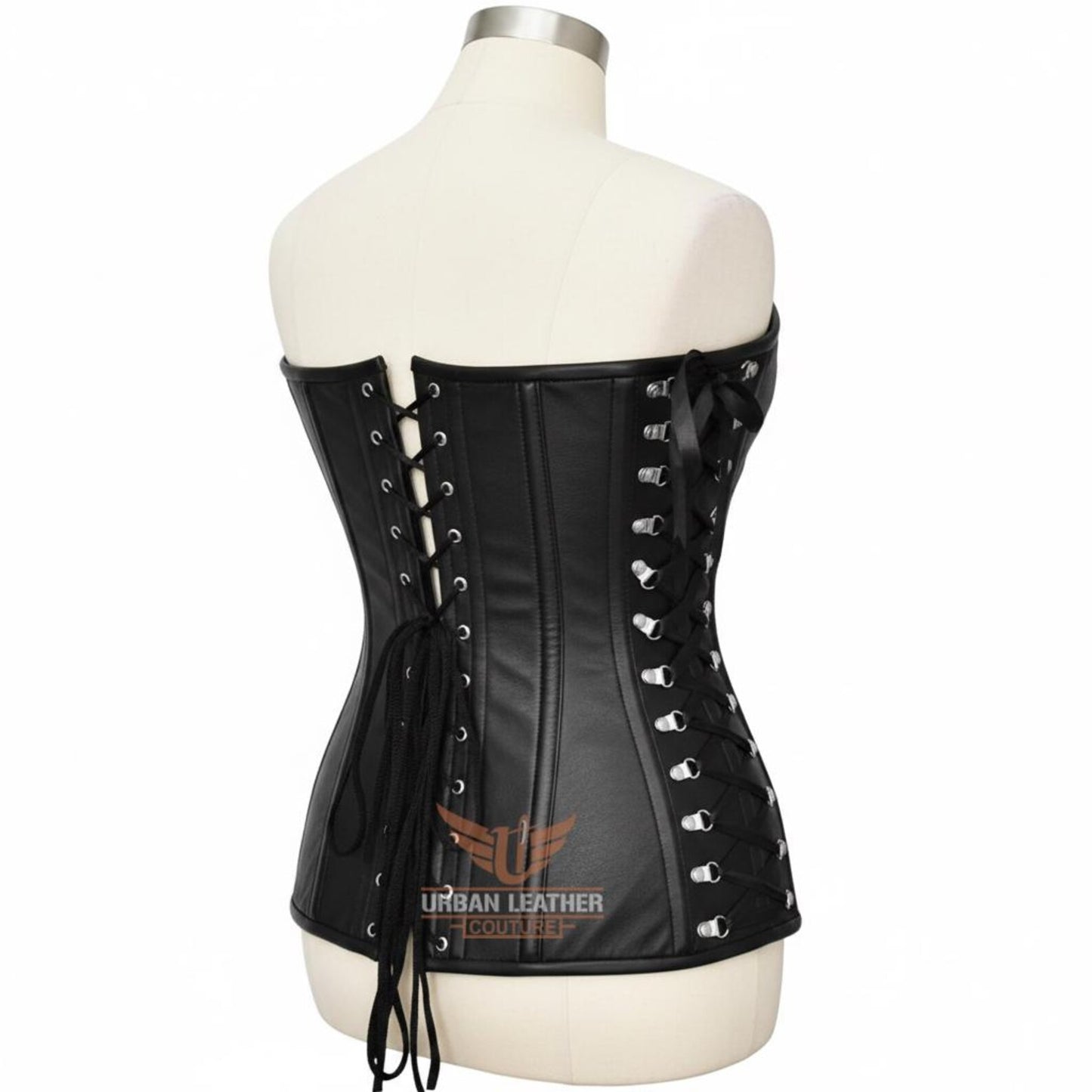 Handcrafted Women's Genuine Leather Overbust Corset Black Heavy-Duty Steel Boned Waist Trainer