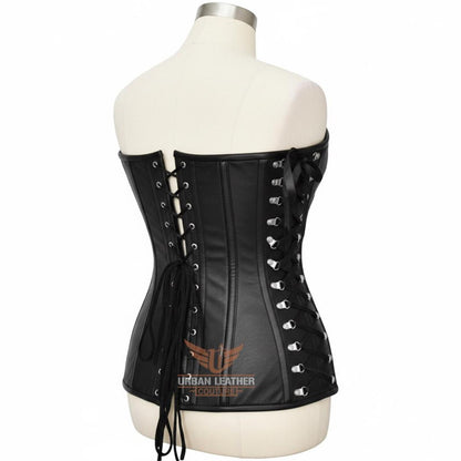 Handcrafted Women's Genuine Leather Overbust Corset Black Heavy-Duty Steel Boned Waist Trainer