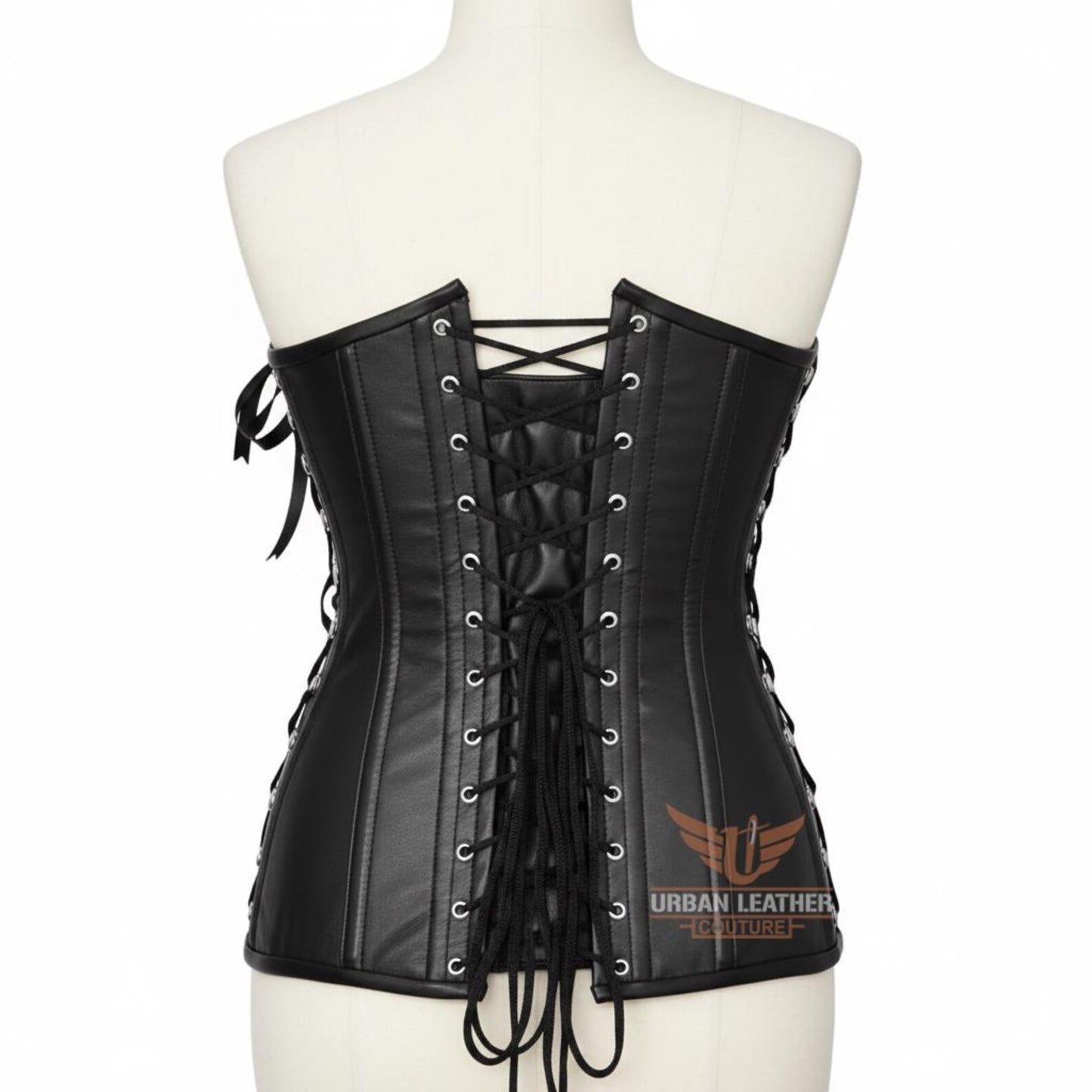 Handcrafted Women's Genuine Leather Overbust Corset Black Heavy-Duty Steel Boned Waist Trainer