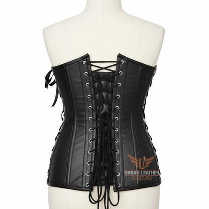 Handcrafted Women's Genuine Leather Overbust Corset Black Heavy-Duty Steel Boned Waist Trainer