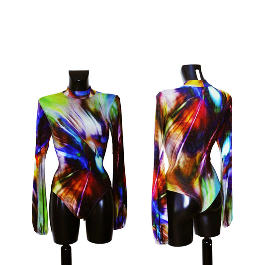 Women's Multi Coloured Splash Effect Bell Sleeve Turtle Neck Bodysuit