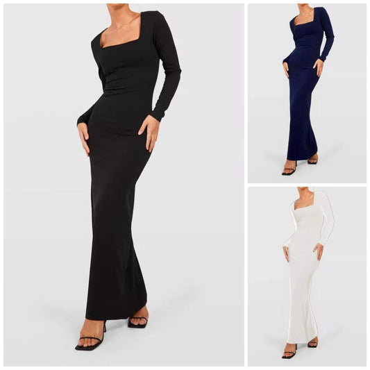 Womans Ladies Long Sleeve Square Neck Slimming Maxi Dress UK 8-26