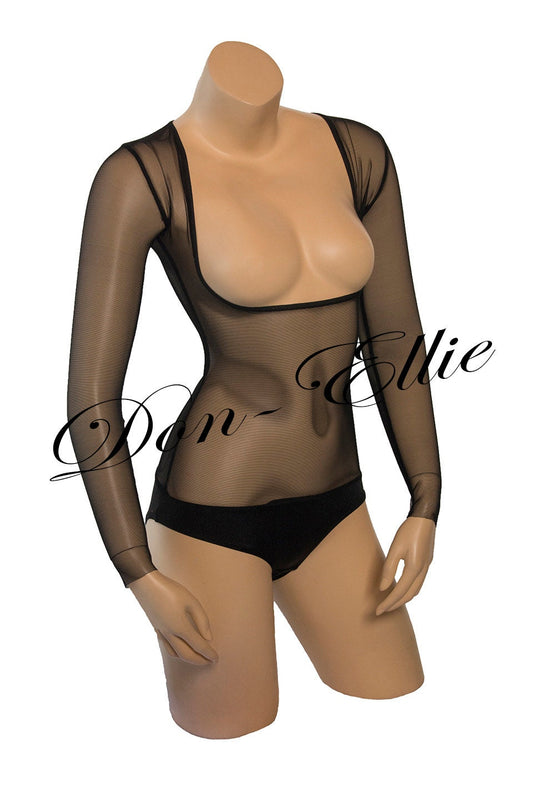 Under Bust SLEEVED Stretch Mesh Belly Dance Black Body Stocking with Hold Control
