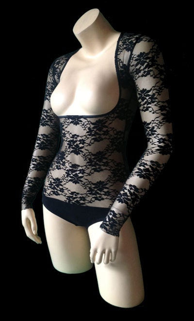 Under Bust SLEEVED Belly Dance 4 Way Stretch BLACK LACE Body Stocking with Hold Control