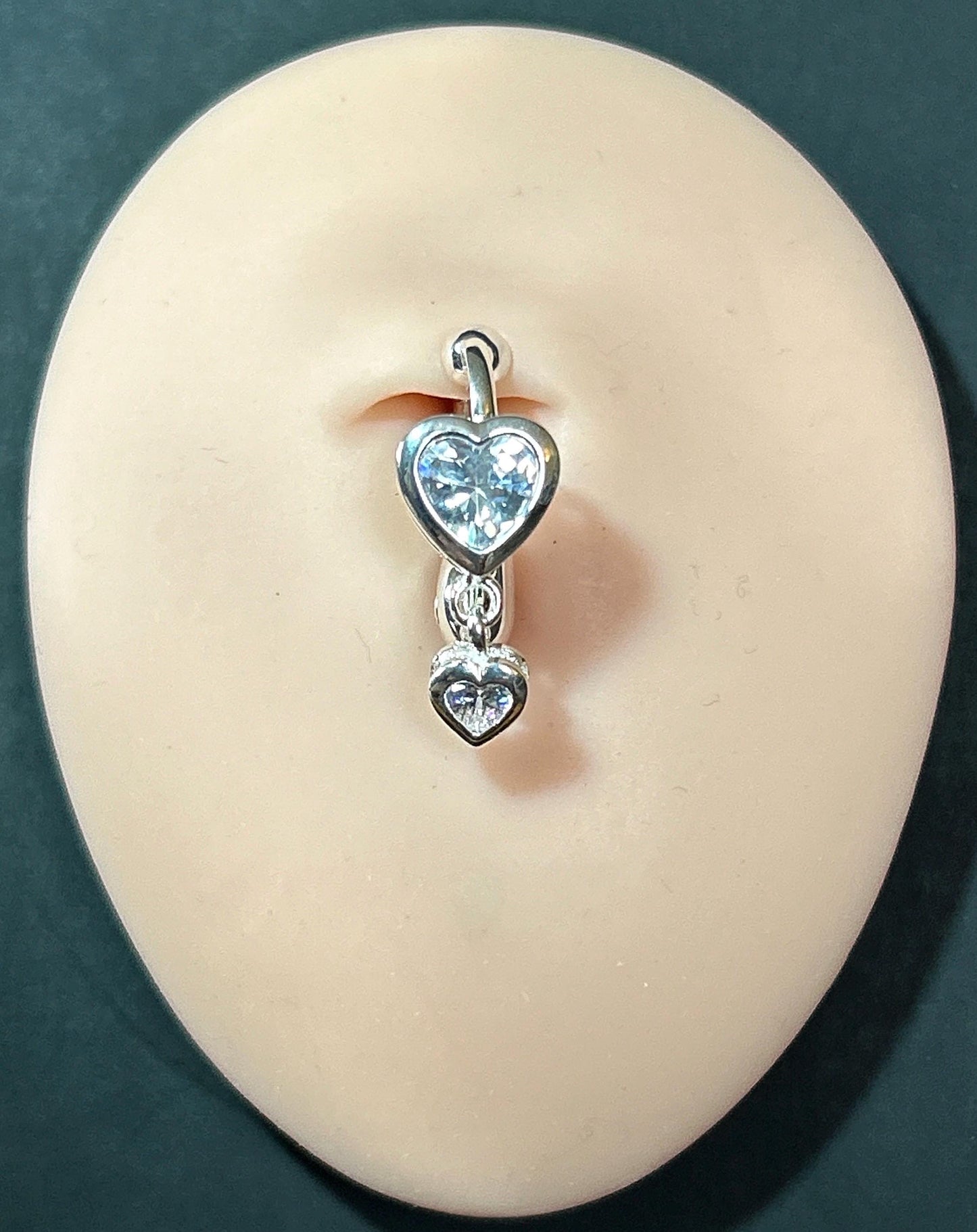 Silver Plated Double Heart Clip-On Belly Ring, Cubic Zirconia