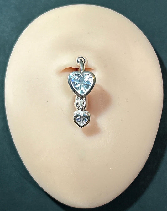 Silver Plated Double Heart Clip-On Belly Ring, Cubic Zirconia